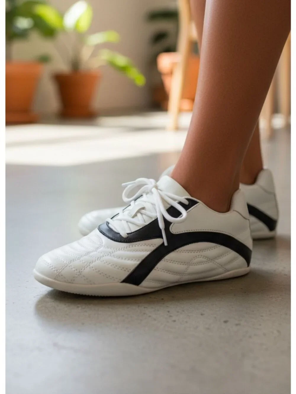 Quilted White Sneakers With Black Contrast Detailing Womens Casual Athletic Shoe